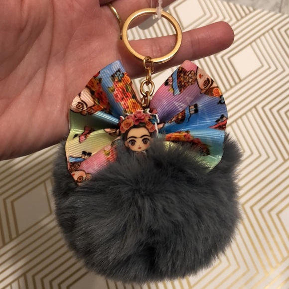 Frida Kahlo Cartoon Bow Soft Faux Fur Pom Pom Charm Ball Keychain Accessory - Picture 3 of 7